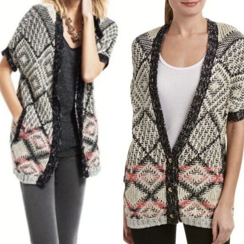 Chic Black and Cream Cardigan with Pink Accents